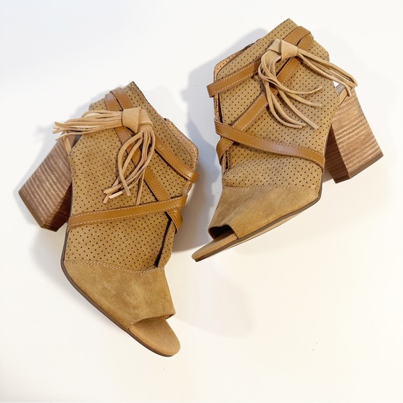 Franco Sarto Shoes - Franco Sarto Fina Tan Peep Toe Bootie Block Heels